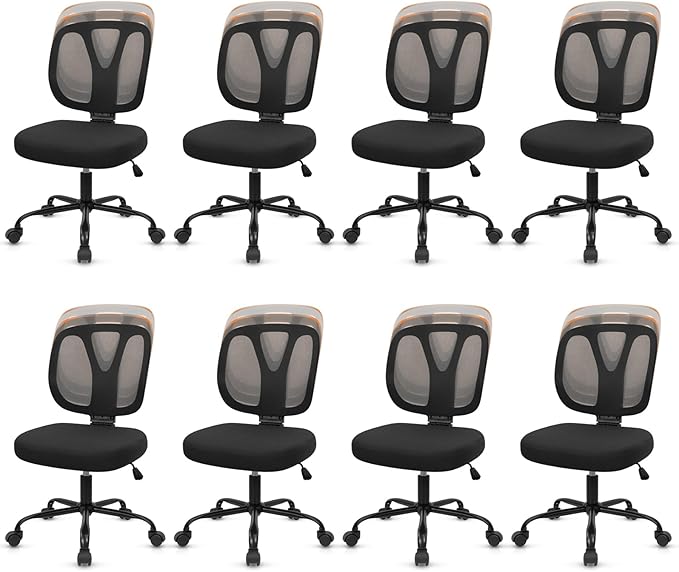 CLATINA Armless Home Office Chair, 360° Swivel Rolling Desk Chair with Lumbar Support and Wheels, Adjustable Height Mesh Back Small Ergonomic Computer Task Chair for Conference Waiting, Black(8 Pack)