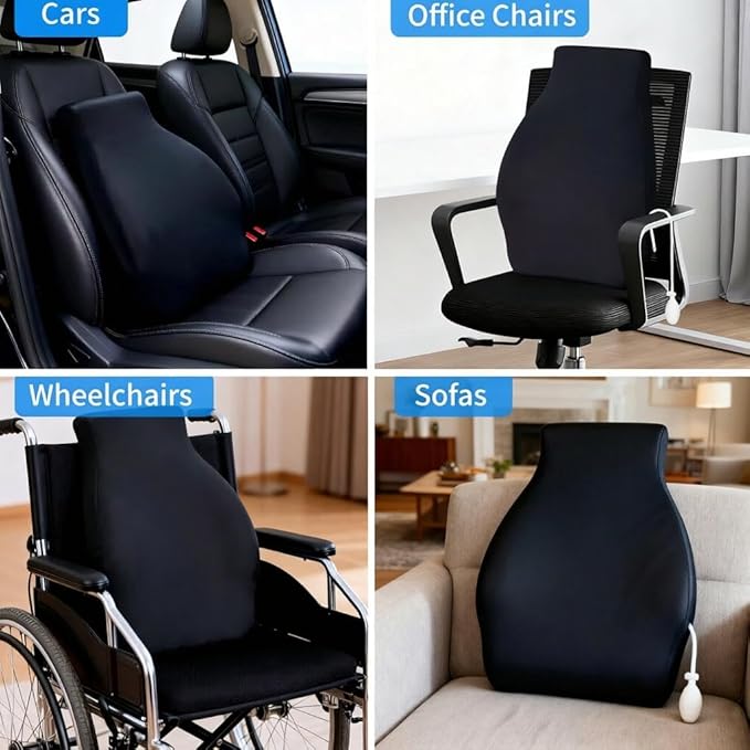 Adjustable Airbag Lumbar Support Pillow for Office Chair - Memory Foam Adjustable Firmness Back Cushion Relieves Upper/Lower Back Pain for Sitting Long Hours, Home Office Desk Chair Car/Truck Seat