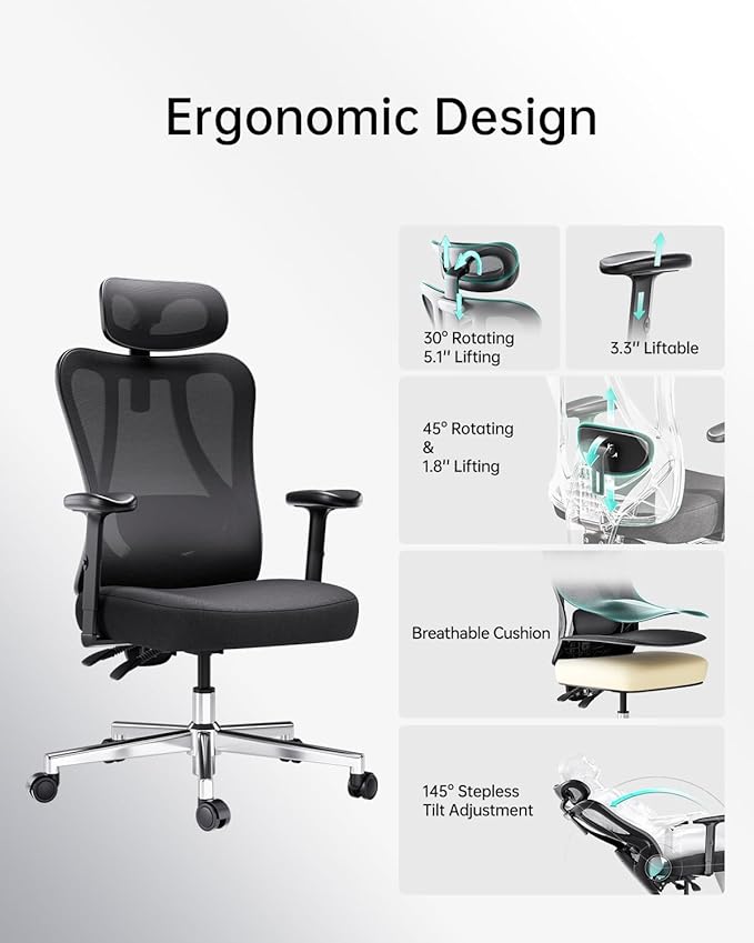 Hbada P3 Ergonnomic Office Chair with 2D Adjustable Lumbar Support, Office Chair with Adjustable Headrest and Armrest, 145° Stepless Tilt Function, Black(No Footrest)