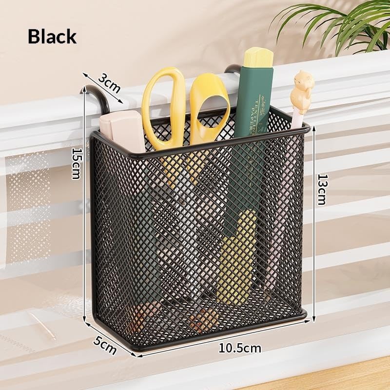 Metal striped cup with hook and loop, pencil cartridge, wall organizer, craft accessories, garage, home, office storage (black/white, square/round) (black2)