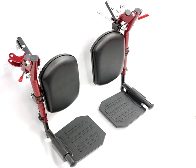 Red Wheelchair elevating Leg Rests, w/Calf pad, Non-Slip Footplates, Compatible with Reclining Wheelchair, Standard Wheelchair, Transport Chair. Universal Wheelchair Parts, (1 Pair,Red)