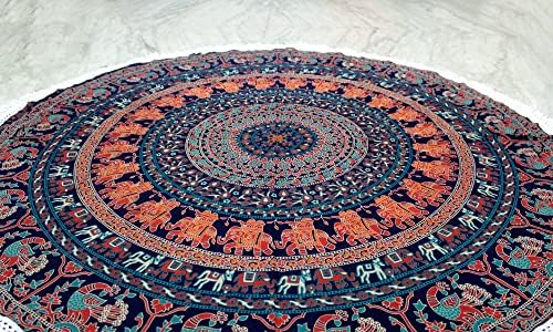 Round Beach Tapestry Turquoise Mandala Throw/Boho Hippie Beach Blanket Roundie/Indian Cotton Bohemian Large Round Table Cloth-Home Decor/Yoga Mat Meditation Picnic Rug (42", Brown)