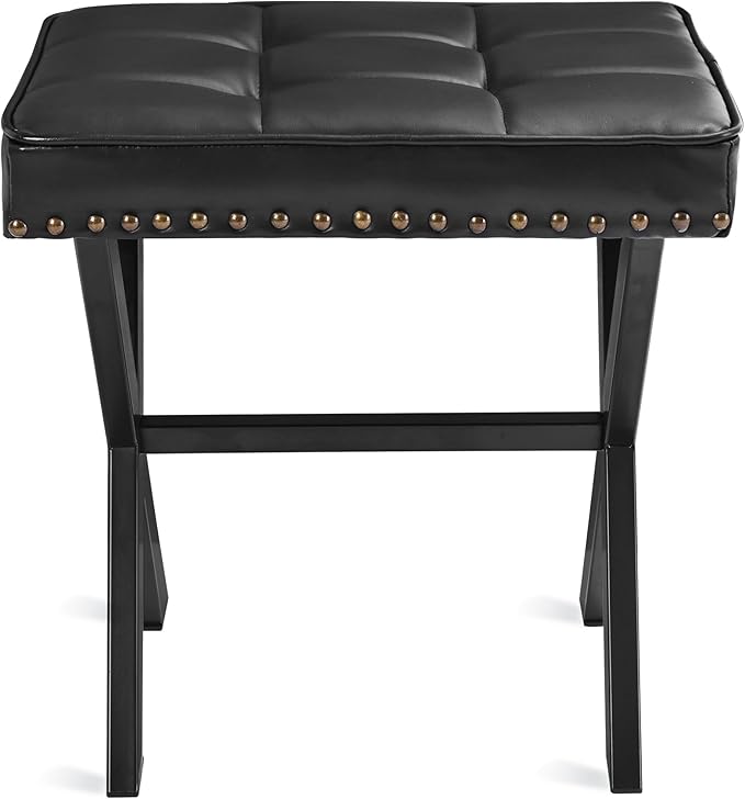 LUE BONA Vanity Stool - Square Faux Leather Makeup Seat With Metal X Legs, Small Ottoman Chair for Makeup Room, Living Room - Modern Padded Foot Rest, Black