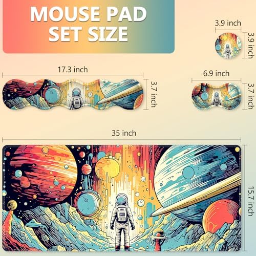 AIMSA Desk Mat Set, Mouse Pad with Wrist Rest +Keyboard Wrist Rest +Large Mouse Mat +Coaster, 4in1 Extended Gaming Mousepad Set for Home Office, Planet Astronaut
