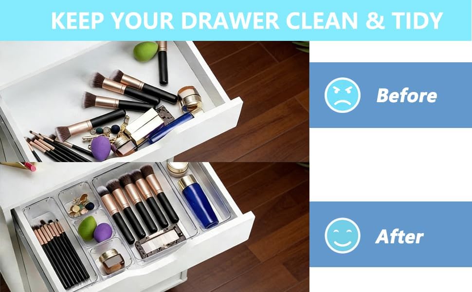 27 PCS Clear Drawer Organizer Set, 4 Sizes Desk Drawer Storage Bins, Divider Trays for Makeup, Vanity, Bathroom, Kitchen, Office