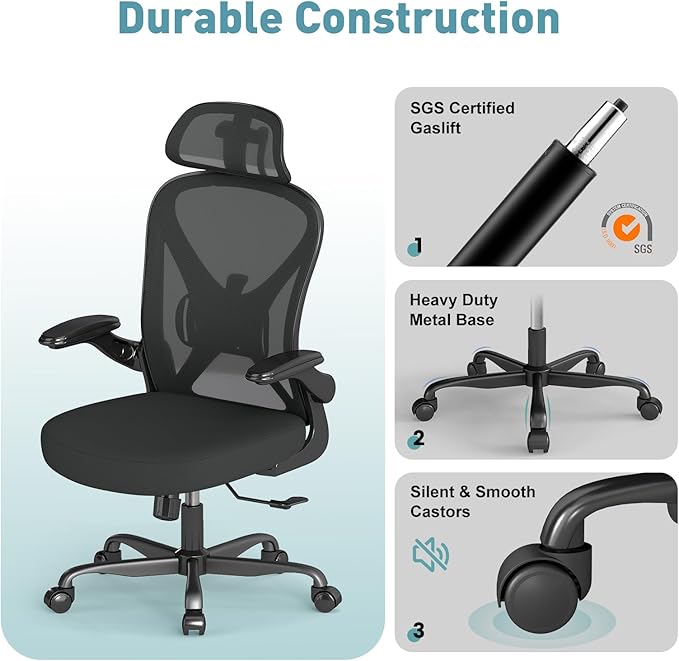 Ergonomic Office Chair Set of 8, with Adjustable Lumbar Support, Mesh Fabric Home Office Chair with Headrest, 360° Swivel and Flip-Up Armrests, Black