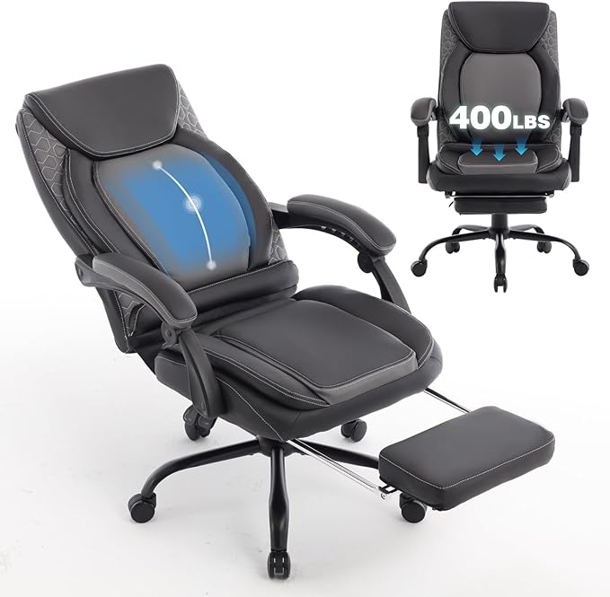 Reclining Ergonomic Office Chair with Footrest, Big Tall Recliner Office Desk Chairs with Lumbar Support, 400lbs Heavy Duty High Back Leather Executive Computer Chair with Wheels, Back Grey