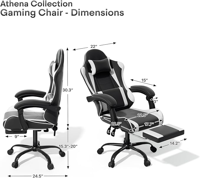Athena Collection Gaming Chair, Ergonomic Gaming Chair with Footrest & Headrest Lumbar Support, Height Adjustable Swivel Computer Chair Office Chair for Kids Adults(White)