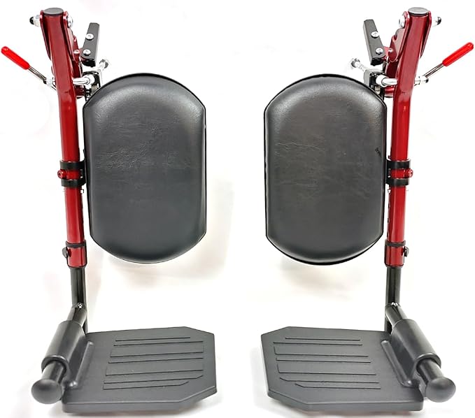 Red Wheelchair elevating Leg Rests, w/Calf pad, Non-Slip Footplates, Compatible with Reclining Wheelchair, Standard Wheelchair, Transport Chair. Universal Wheelchair Parts, (1 Pair,Red)