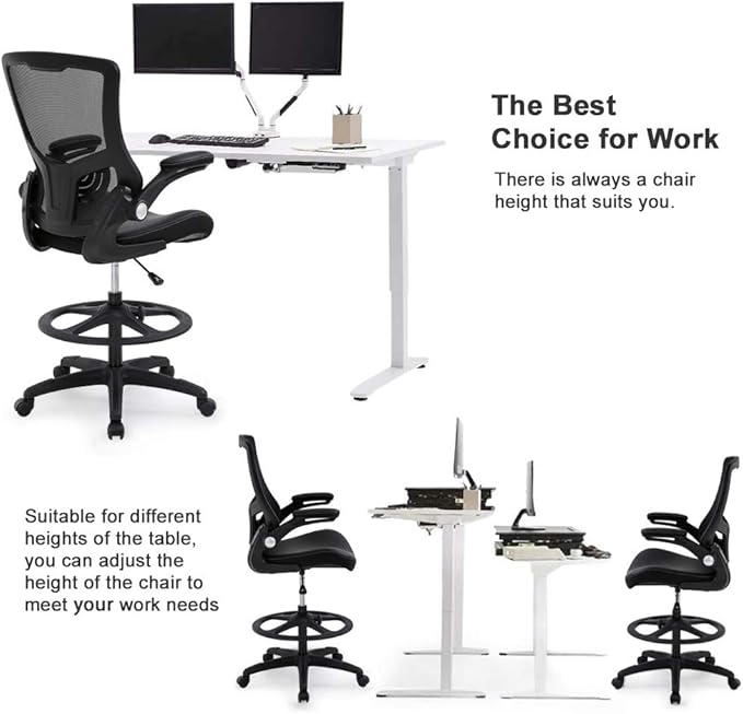 BestOffice Drafting Chair Ergonomic Tall Office Chair Standing Desk Chair with Flip Up Arms Foot Rest Back Support Adjustable Height Mesh Drafting Stool, Black