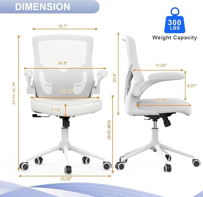 Office Chair for Long Hours & Lower Back Pain Relief – 4" Thick Molded Foam Cushion, Padded Lumbar Support and Flip-up Armrests, Ideal for Office or Study, White