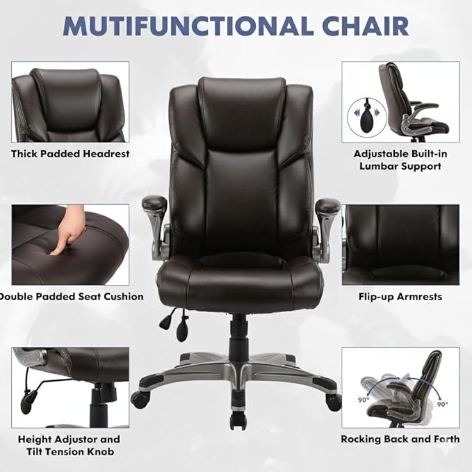Ergonomic High Back Executive Office Chair with Adjustable Airbag Lumbar Support, Bonded Leather Desk Chair with Flip-up Armrests, Swivel Computer Task Chair for Home Office Workstation, Brown