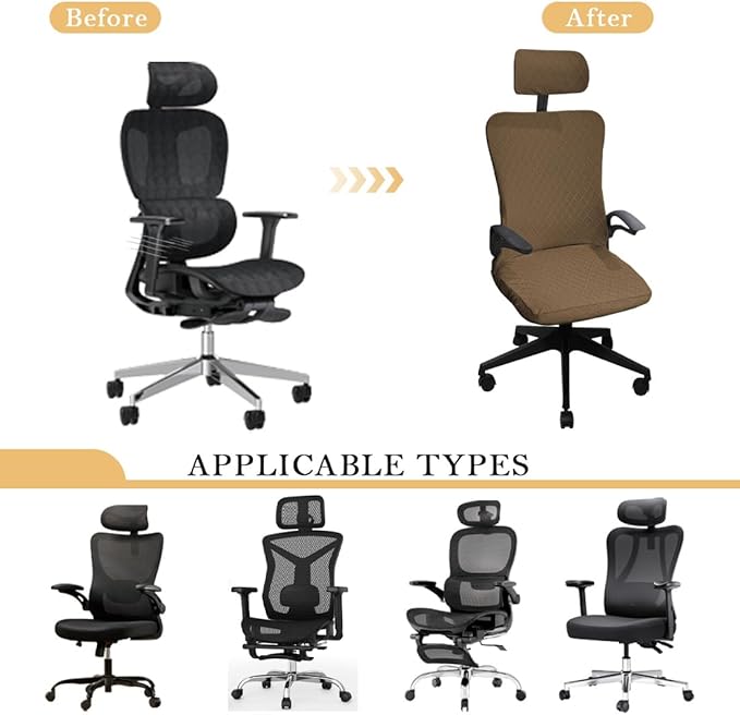 Ergonomic Office Chair Covers Set with Headrest Cover Stretch Desk Computer Chair and Headrest Slipcovers Washable Protector Slipcovers for Swivel Computer Chair 2 Pieces Brown