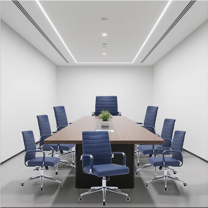 Leather Ribbed Office Desk Chair, Ergonomic Mid-Back Executive Conference Room Chairs with Wheels, Adjustable Swivel Computer Task Chair with Arms and Thick Padded Seat,Navy Blue