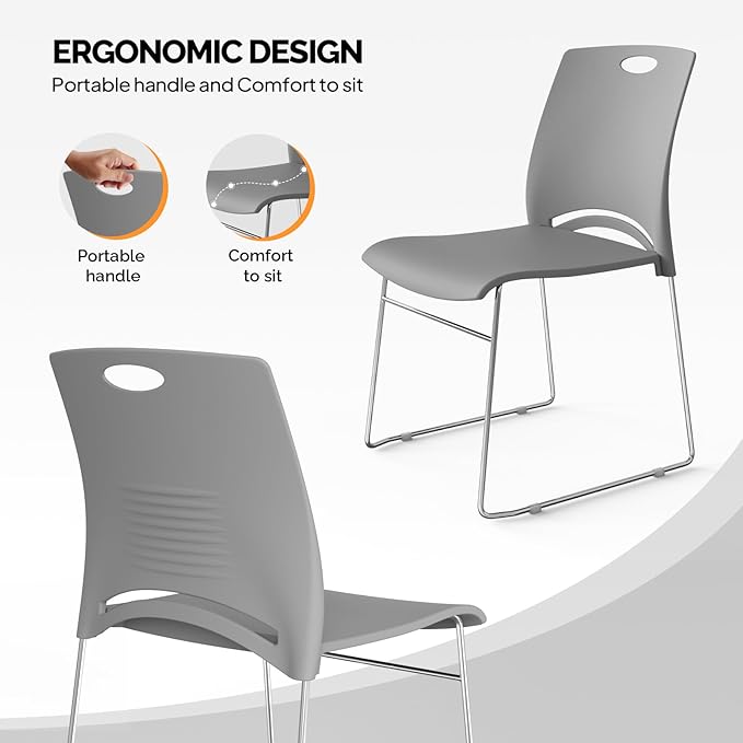 VINGLI Stacking Chairs Set of 8 Stackable Office Chairs with Metal Sled Base, Ergonomic Plastic Seat, Stacking Chairs for Waiting Room Break Room Banquet Guest, Grey