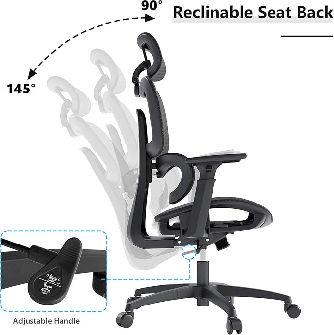 OS MOTOR Ergonomic Mesh Office Chair, Adjustable Headrest, 3D Armrests, Lumbar Support, Tilt Lock Function, Breathable High-Back Desk Chair Computer Chair for Home Office Work, Study, Gaming, Black