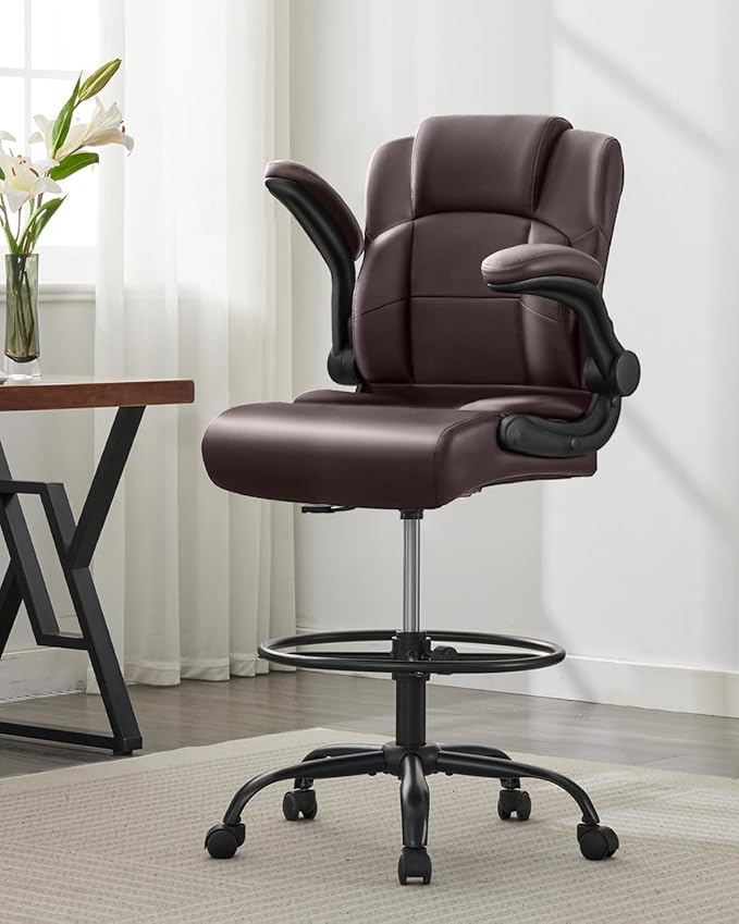 Ergonomic Drafting Chair,Tall Office Chair for Standing Desk with Flip-Up Armrests,Adjustable Foot Ring & Height, High Leather Executive Office Chair for Home,Drawing or Counter Height Use