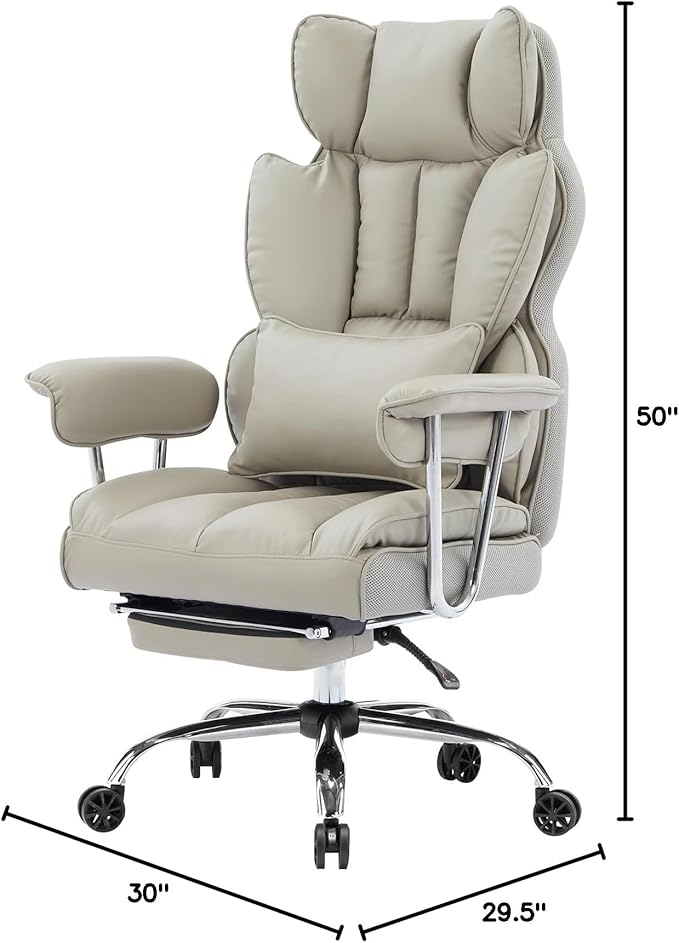 Efomao Big and Tall Office Chair 400lbs – High Back Executive Chair with Swivel Base, PU Leather Upholstery, Lumbar Pillow, Padded Armrests, and Rolling Wheels，Grey Computer Chair