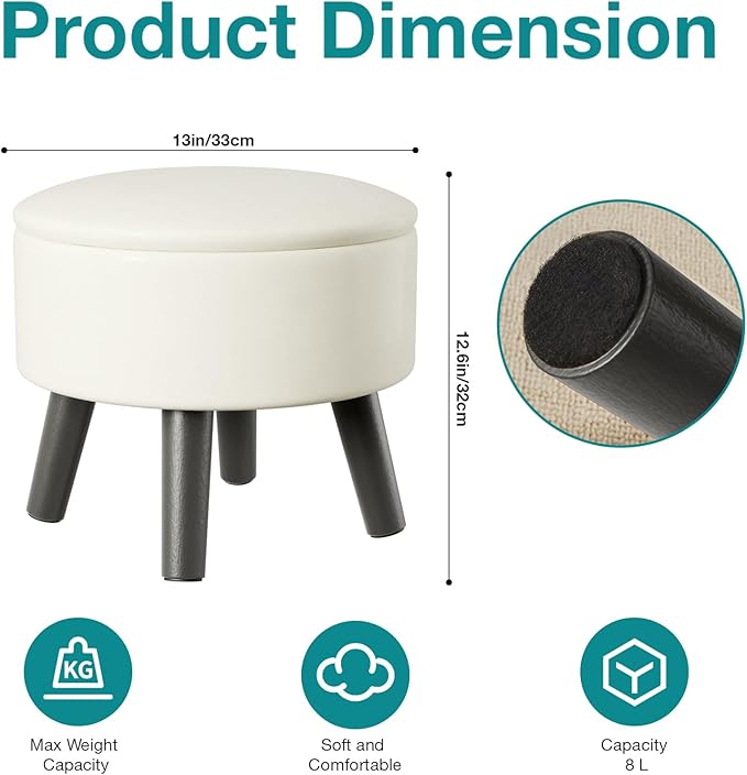 Small Foot Stool Ottoman with Storage, Faux Leather Ottoman Foot Rest for Couch, Round Footstool Ottomans for Living Room (White)