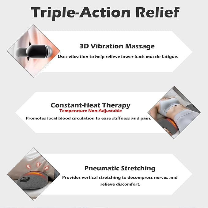 Plug-in 3 in 1 Lower Back Massager for Pain Relief Deep Tissue,Smooth Spine Triple Fusion Back Massager with Heat & Vibration & Traction, Electric Lumbar Support Pillow for Bed,Chair,Office