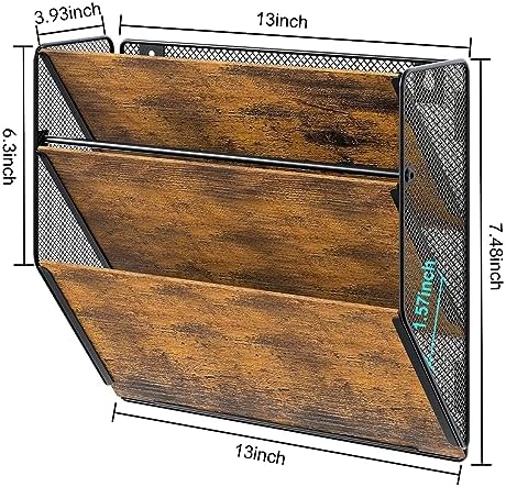 PAG-Mass Wall File Organizer for Office, 3-Tier Rustic Hanging File Holder Wall Storage Rack for Documents/Magazine/Literature/File Folders/Mails/Envelopes, Brown