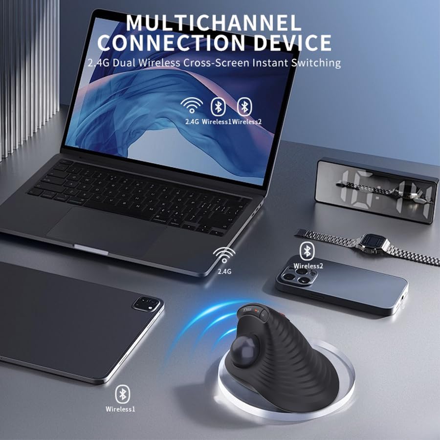 JOMAA Wireless Vertical Trackball Mouse - Ergonomic Design, 3-Device Switching, 2.4G/Bluetooth 5.0, Rechargeable Type-C, Adjustable DPI, Compatible with Windows/macOS/iOS/Android (Black)