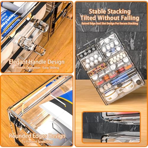 Cq acrylic 4 Pack Clear Acrylic Drawer Organizer Countertop,Stackable 13 Drawers Makeup Storage, Cube Make up Organizer for dresser Hair Clip,Beauty Product Desk and Bathroom Organizers and Storage