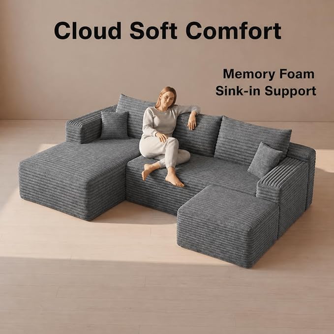 94" Darkgrey Fluffy Couch with Ottoman for Living Room, Corduroy No Bones Sectional Couch,Compressed Memory Foam Cloud Sofa,No Assembly Required,Left Facing Chaise,Darkgrey