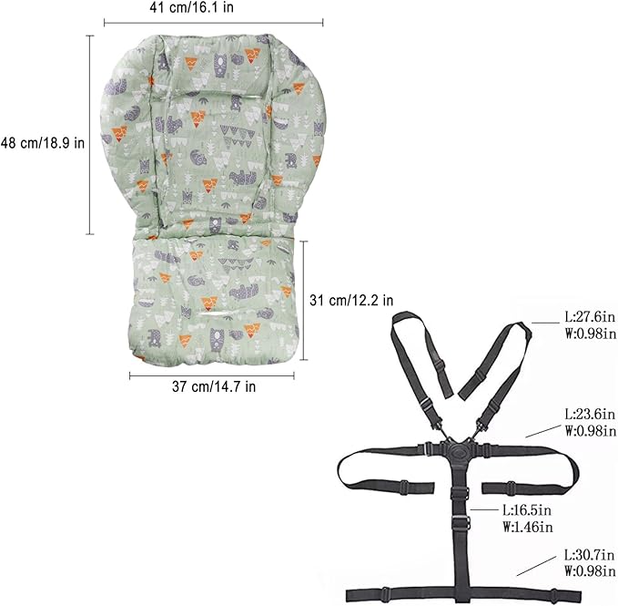 High Chair Pad, High Chair Cushion, seat Cushion, Breathable Pad, with Baby High Chair Seat Belt, 2 Pieces, Soft and Comfortable, Make The Baby More Comfortable (Green Animal Pattern)