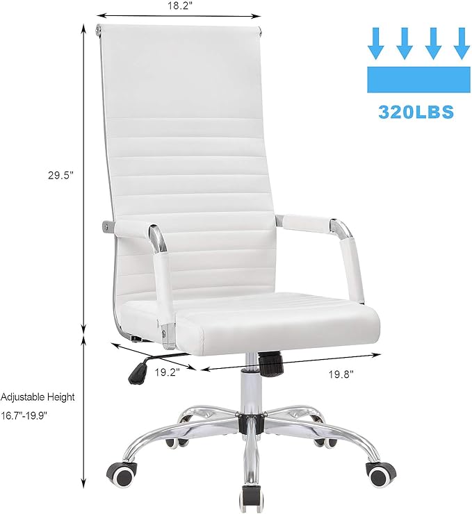Ribbed Office High Back PU Leather Desk Adjustable Swivel Task Computer Chair with Armrest for Conference Study Leisure, White,KM-0022