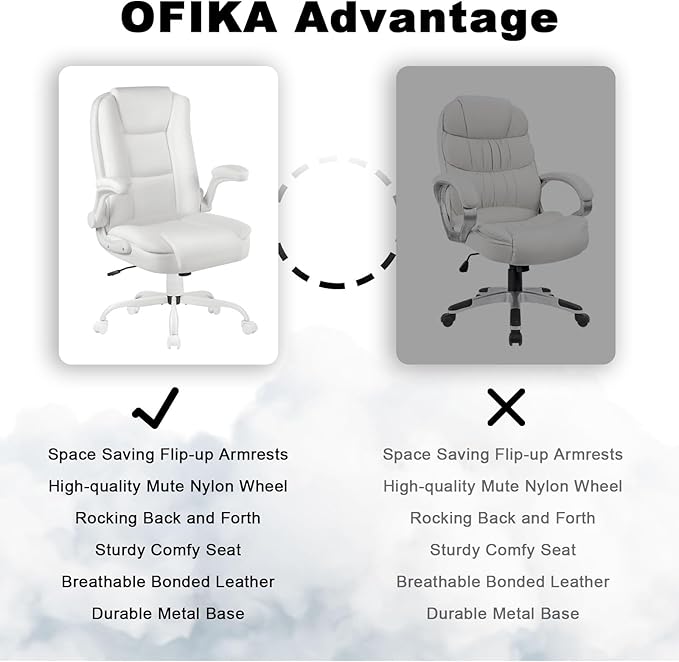OFIKA Leather Office Desk Chair,Ergonomic Office Chair with Lumbar Support,Computer Chair,Executive Leather Chair with Padded Flip-up Arm,Adjustable Armrests, Black,275LBS