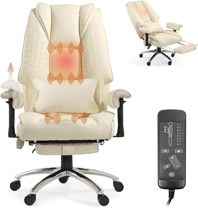 Massage Office Chair with Foot Rest, Ergonomic Executive Heated Office Chair with Reclining Backrest, Adjustable Arms and Lumbar Support, High Back Leather Desk Chairs for Home Office, Beige