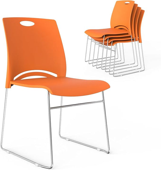 VINGLI Stacking Chairs Set of 5 Stackable Office Chairs with Metal Sled Base, Ergonomic Plastic Seat, Stacking Chairs for Waiting Room Break Room Banquet Guest, Orange