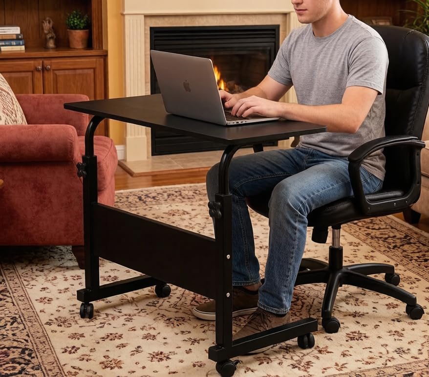 Standing Desk - Side Table Adjustable Height, Portable Laptop Cart, C-Shaped Bed Couch end Tables with Edge Stopper - Wheels for Living Room Bedroom Walking Pad Treadmill 23.6Inch Black