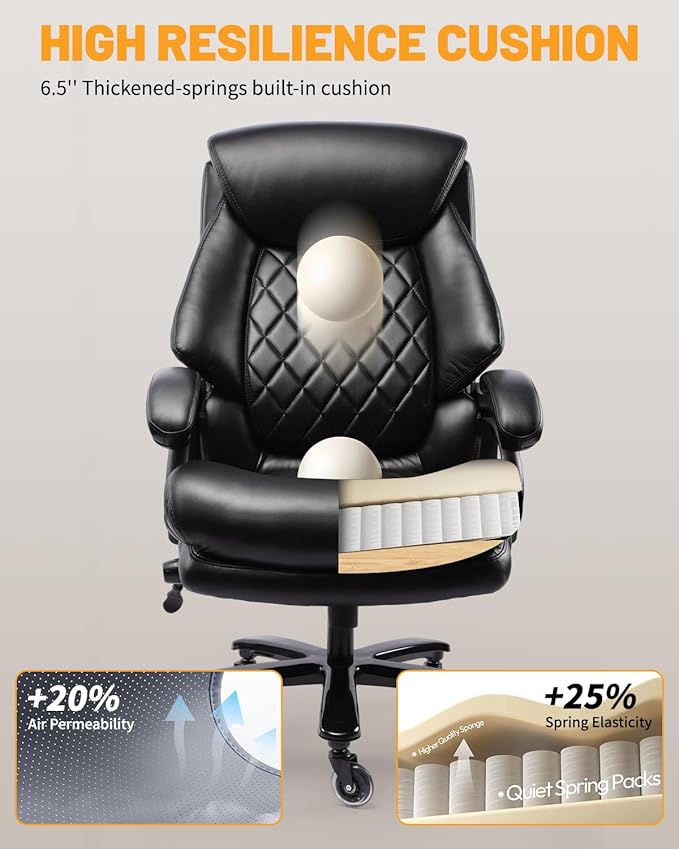 Big and Tall Executive Office Chair with Adjustable Lumbar Support, Extra Wide Seat, Heavy Duty Computer Desk Chair for Long Working Hours, Gaming & Home Office, Quiet Rolling Wheels