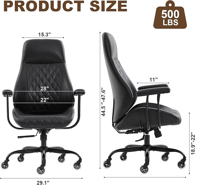 E-Motie Office Chair with Rubber Wheels, Ergonomic Computer Chair 500 lbs, Leather Desk Chair with Lumbar Support, Executive Chair Adjustable Height & Recline, Black