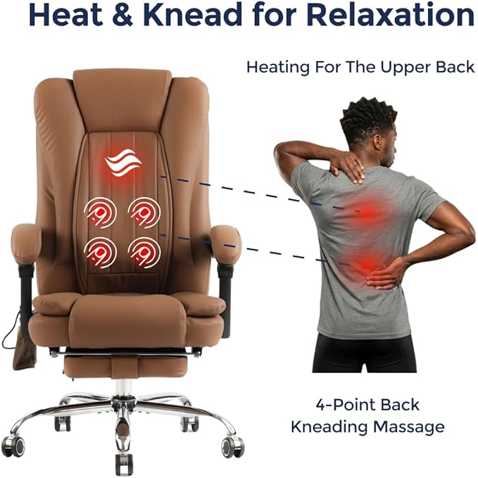 Orbis 4-Point Kneading Heated Massage Office Chair with Foot Rest | 500lbs Big & Tall Ergonomic Executive Desk Chair for Heavy People | Reclining Home Office Computer Chair | Leather Caramel