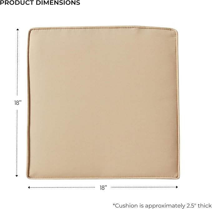 Outdoor 18 inch Square Patio Dining Chair Pads – Comfortable Fiber-Filled Seat Cushions with Ties, Reversible Polyester Fabric - Stone, Set of 4