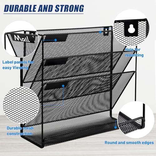 EASEPRES Desk File Organizer Mesh 4-Tier, Hanging Wall Mount Document Organization Stand, Desktop Vertical Mail Paper Folder Holder Rack with Bottom Tray for Office Home Cubicle Countertop, Black