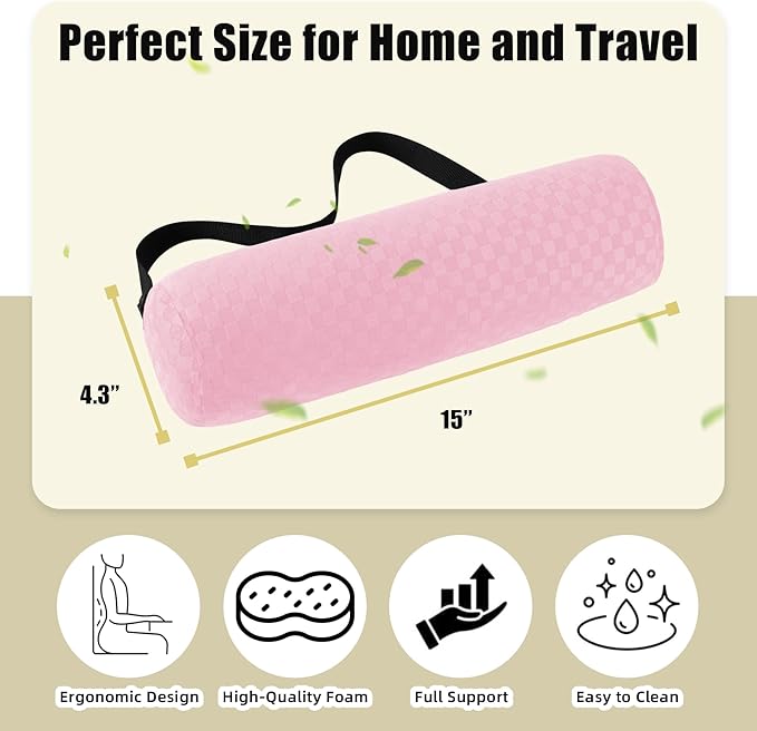 Lumbar Roll Pillow for Lower Back, Lumbar Support Foam Roll Cushion with Pillowcase and Upgraded Strap for Office, Chair, Car, Seat Pain Relief & Improving Posture (Light Pink, Long-15 * 4.3'')