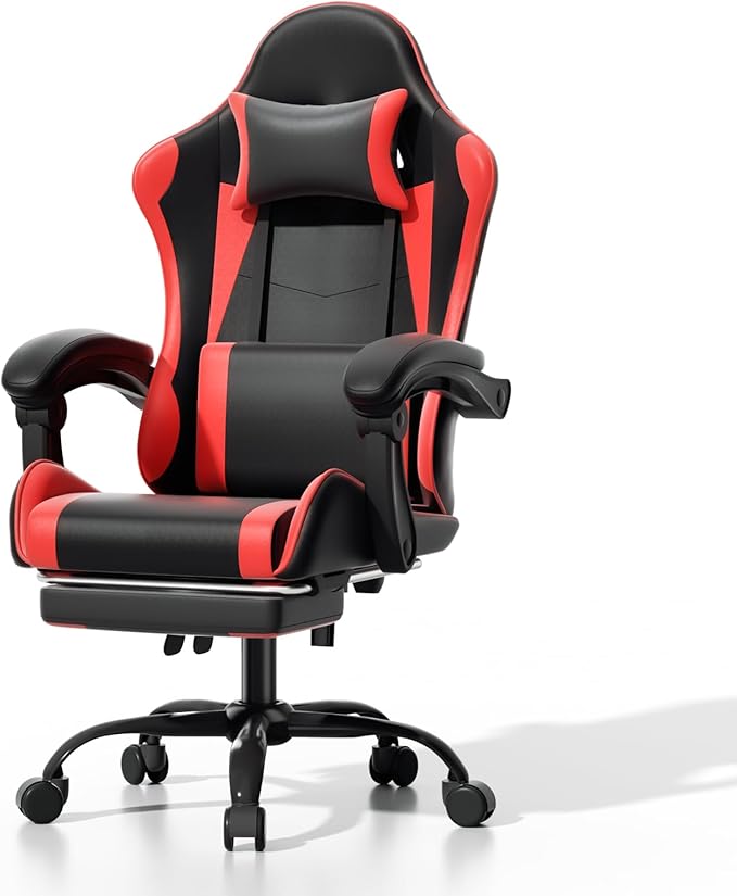 Athena Collection Ergonomic Gaming Chair with Footrest & Headrest Lumbar Support, Height Adjustable Swivel Office Chair Reclining Game Chair Leather High Back Computer Chair for Adults Kids, Red