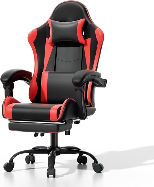 Athena Collection Ergonomic Gaming Chair with Footrest & Headrest Lumbar Support, Height Adjustable Swivel Office Chair Reclining Game Chair Leather High Back Computer Chair for Adults Kids, Red
