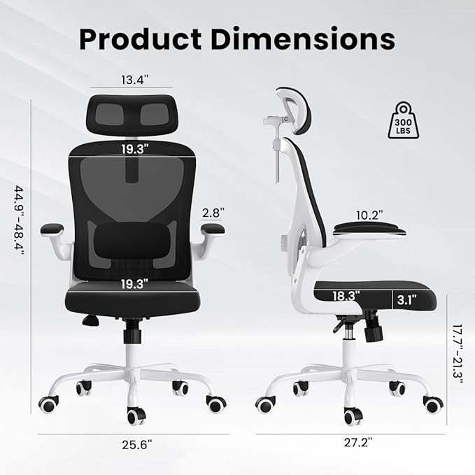 JOSHEN Breathable Mesh Elegance Office Chair, Modern Refined Office Chair with Adjustable Lumbar & Headrest, Minimalist Single Sofa Chairs for Home Office & Study, Black,White
