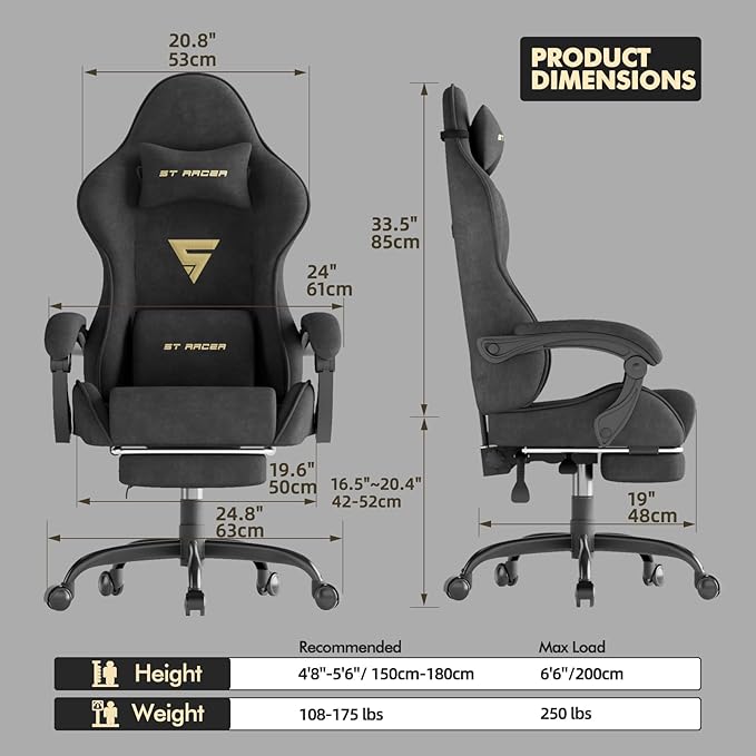 Ferghana Velvet Fabric Ergonomic Gaming Chair with Footrest and Massage, High Back Reclining Computer Gamer Chair for Adult, Racing Style PC Video Game Chair Suitable for Home Office (Black)