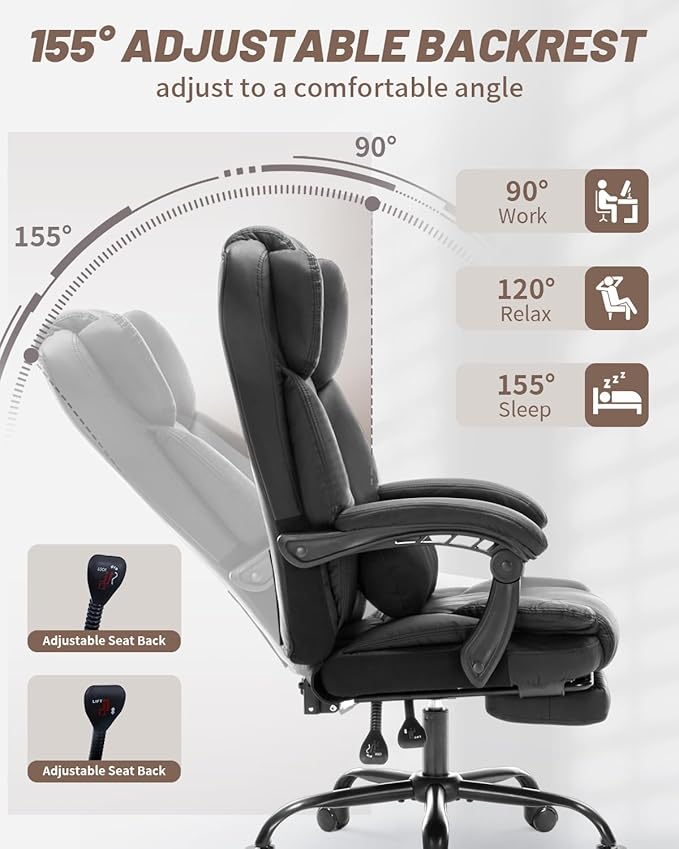600lbs Office Chair with Footrest, Executive Chair with Padded Armrests, Reclining Desk Chair with Lumbar Support, High Back Leather Chair for Heavy People