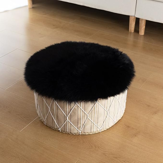 LLB Sheepskin Chair Pad Office Cushion Cover for Dining Room, Desk, Computer - Fur Area Rug for Living Room, Round 16.5" (Pack of 1), Black