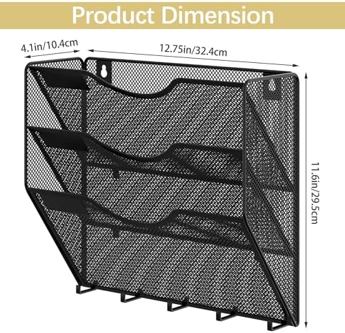 EasyPAG 3 Pocket Mesh Wall File Organizer with Key Hooks, Hanging Paper Folder Holder with Classify Label, Vertical Wall Mount Mail Organizer for Office Home Classroom, Black