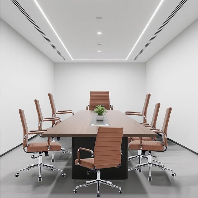 Brown Leather Ribbed Office Desk Chair, Ergonomic Mid-Back Executive Conference Room Chairs with Wheels, Adjustable Swivel Computer Task Chair with Arms and Thick Padded Seat