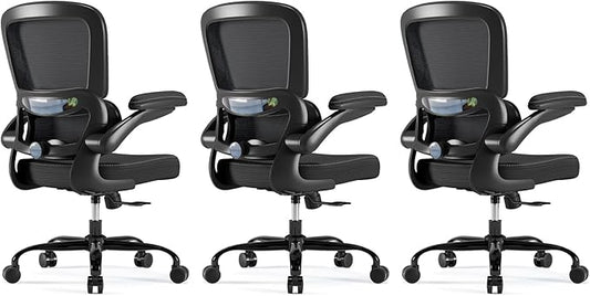 TRALT Ergonomic Office Chair - Desk Chair with Adjustable Headrest Lumbar Support Computer Chair - Mesh Comfy Chair with Flip-up Armrests - Gaming Chair for Adults Home Office PU, Black, Pack of 3