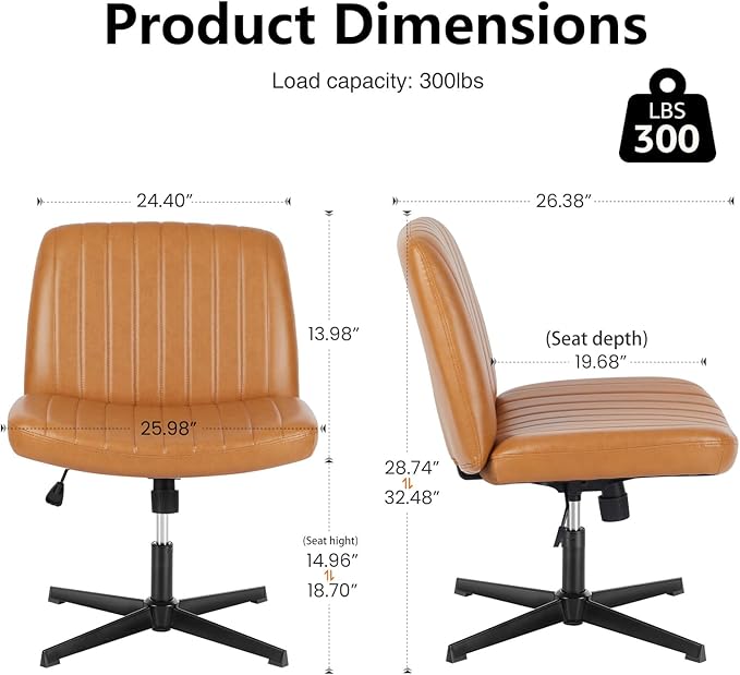 Sweetcrispy Criss Cross Chair Legged, Armless Office Swivel Desk Chair No Wheels, Vanity Height Adjustable Wide Seat Faux Leather Computer Task Seating for Home Bedroom